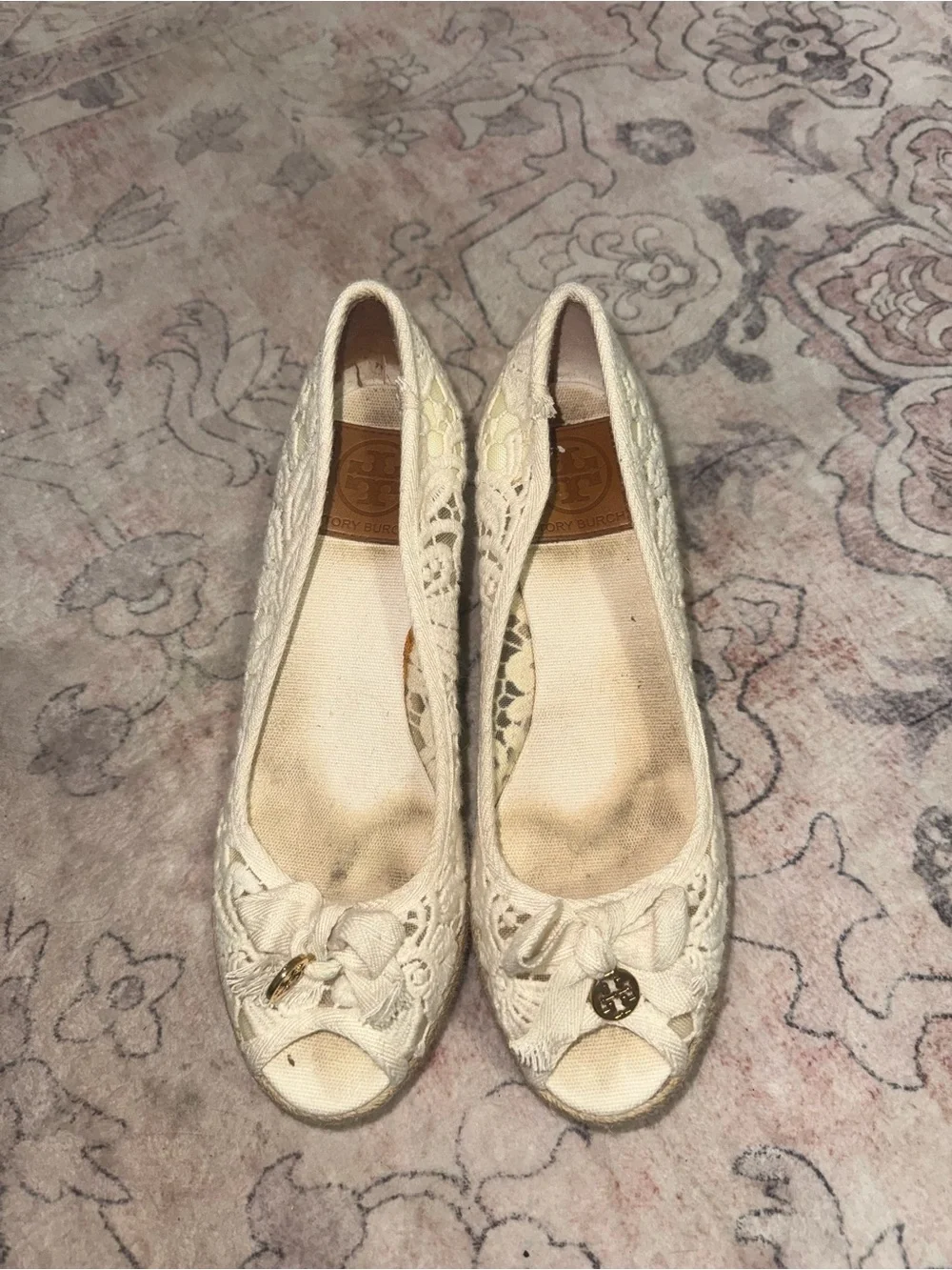 Tory Burch Cream Lace Peep-Toe Flats with Logo Charm